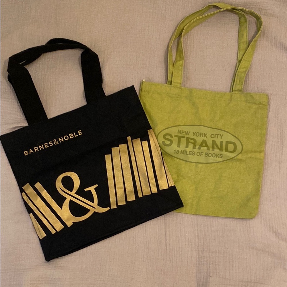Barnes & Noble Black Tote with Gold Accents & NYC STRAND green tote bag . Set